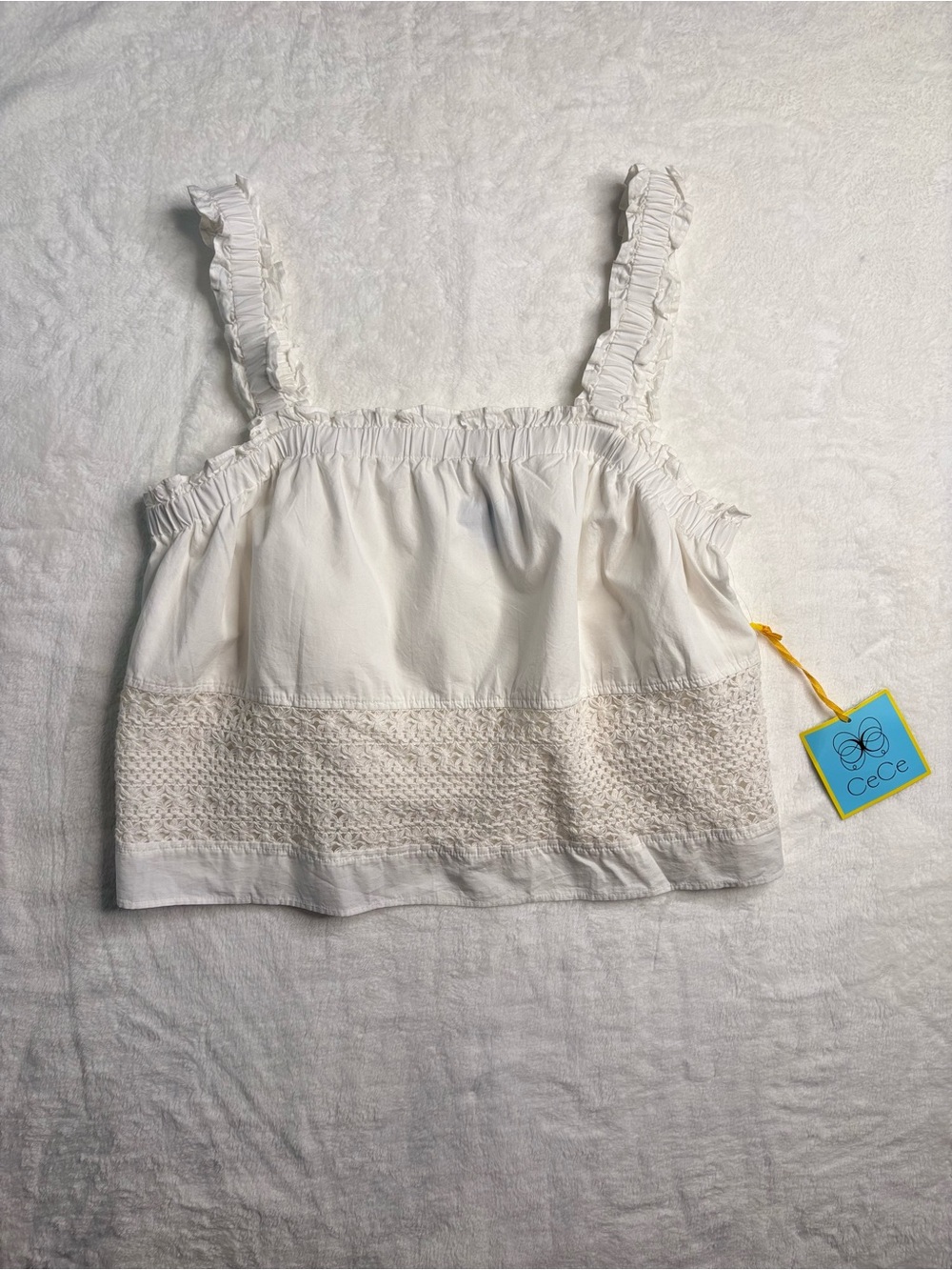CeCe Summer White Crochet Ruffle Crop Top